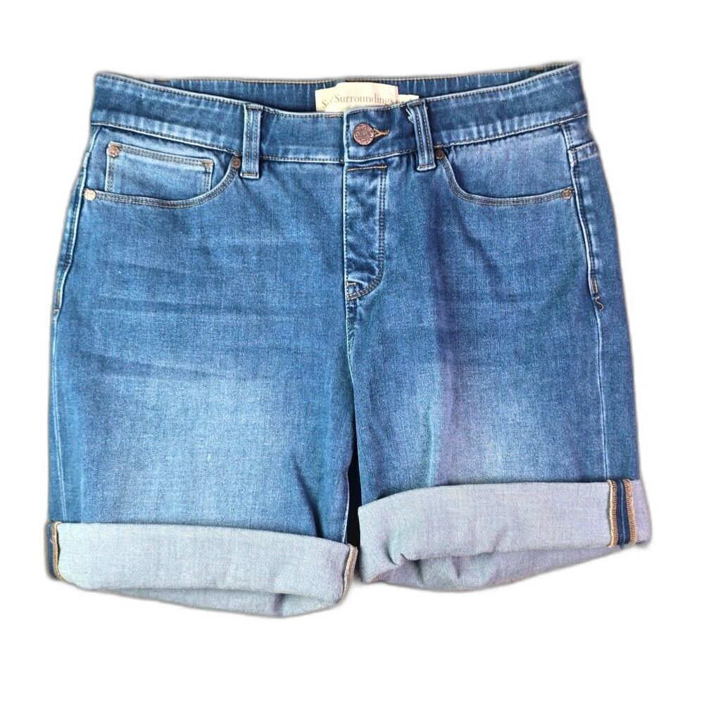 Soft Surroundings Denim Shorts Blue M Pull On Cuffed Stretch High Rise Bermuda